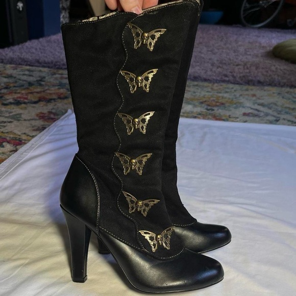 Demonia Black Heeled Boots with Gold Butterfly Accents - Picture 5 of 8